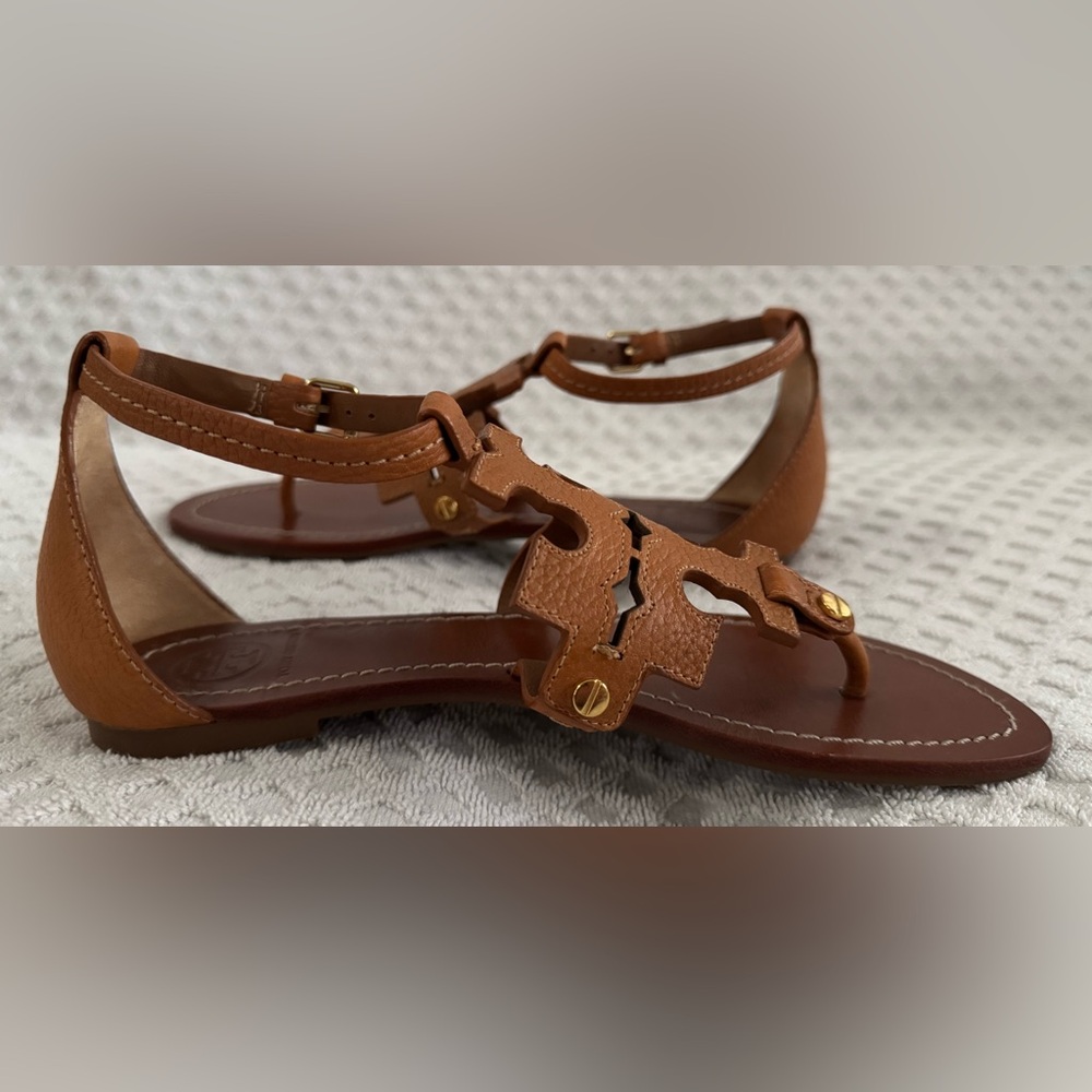 Tory Burch Phoebe Flat Thong Tumbled Leather Sandal Royal Tan Brown Size 6 30437 - Picture 11 of 16